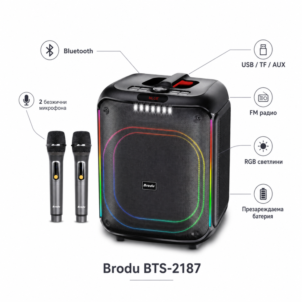 Караоке Bluetooth тонколона Brodu BTS-2187 - 12", 2 безжични микрофона, TWS